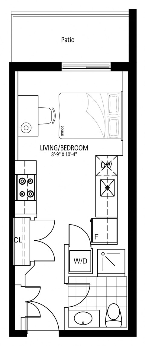 Floor plan for studio, 1 bath, 285 sqft